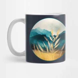 Rustic Golden Wheat Fields with Teal Blue Textured Mountains Mug